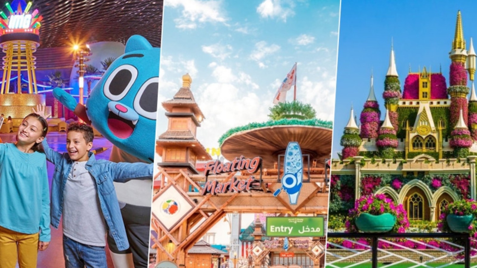 Playful character greeting visitors at the park, Charming Floating Market with unique wooden structures